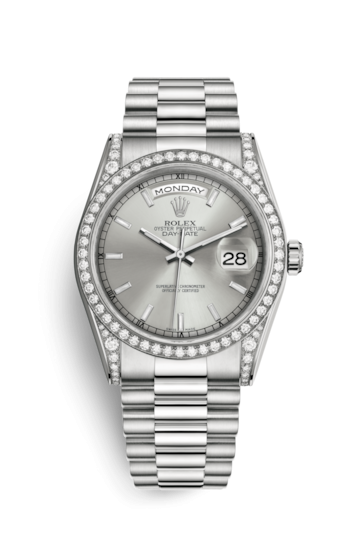 Rolex 118389-0058 : Day-Date 36 White Gold Diamonds / President / Silver