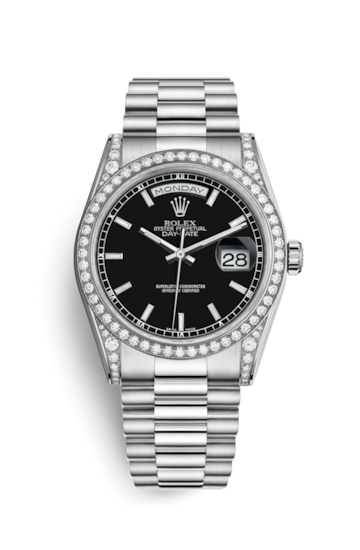 Rolex 118389-0061 : Day-Date 36 White Gold Diamonds / President / Black