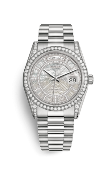 Rolex 118389-0085 : Day-Date 36 White Gold Diamonds / President / MOP Carousel