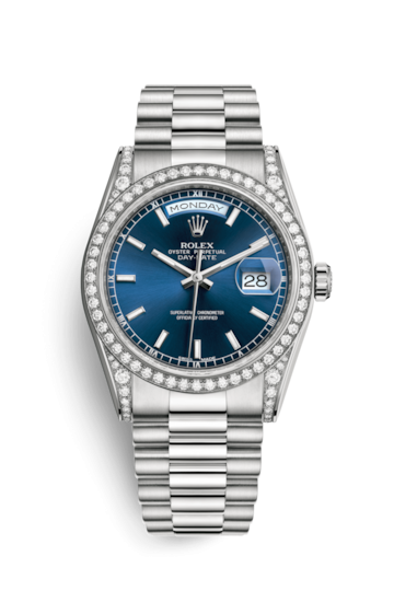 Rolex 118389-0108 : Day-Date 36 White Gold Diamonds / President  / Blue