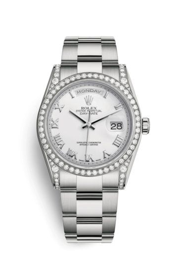 Rolex 118389-0119 : Day-Date 36 White Gold Diamonds / Oyster / White Roman