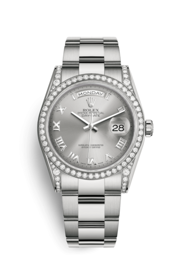 Rolex 118389-0121 : Day-Date 36 White Gold Diamonds / Oyster / Silver Roman