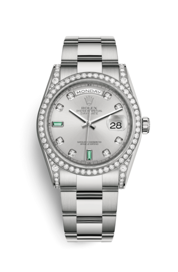Rolex 118389-0124 : Day-Date 36 White Gold Diamond / Oyster / Silver Diamond Emerald