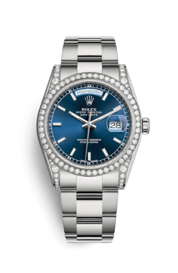 Rolex 118389-0125 : Day-Date 36 White Gold Diamonds / Oyster / Blue