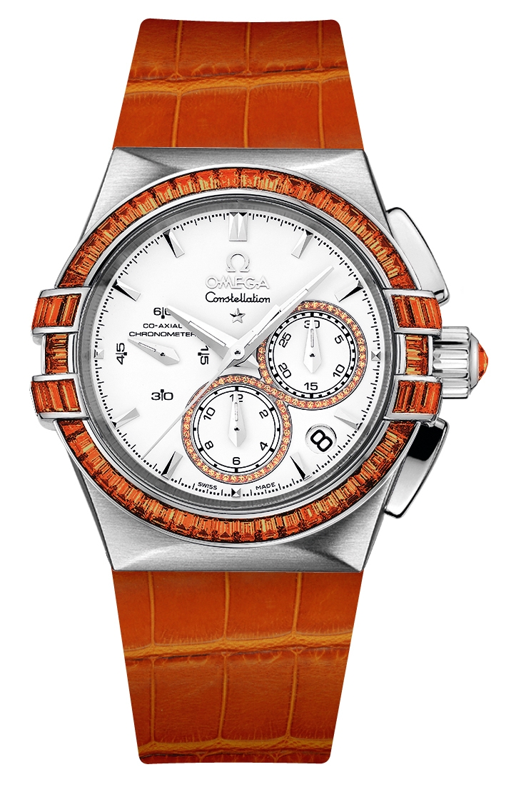 Omega 121.58.35.50.54.004 : Constellation Co-Axial 35 Chronograph Double Eagle White Gold / Silver / Orange Alligator