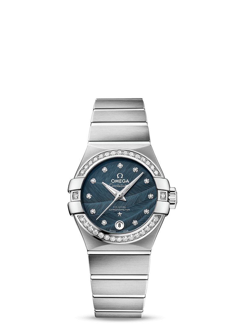 Omega 123.15.27.20.53.001 : Constellation Co-Axial 27 Brushed Stainless Steel / Diamond / Blue Feather