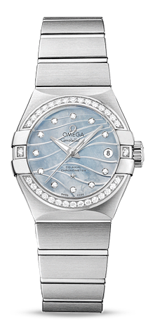 Omega 123.15.27.20.57.001 : Constellation Co-Axial 27 Brushed Stainless Steel / Diamond / Wavy Blue MOP