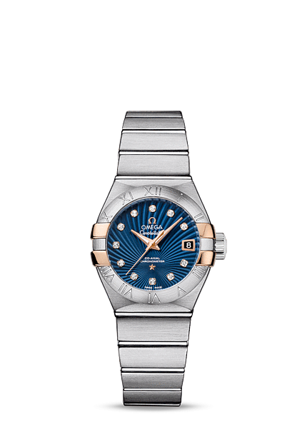 Omega 123.20.27.20.53.002 : Constellation Co-Axial 27 Brushed Stainless Steel / Red Gold Claws / Blue Supernova