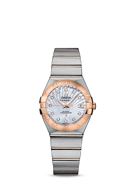 Omega 123.20.27.20.55.001 : Constellation Co-Axial 27 Brushed Stainless Steel / Red Gold / MOP Supernova