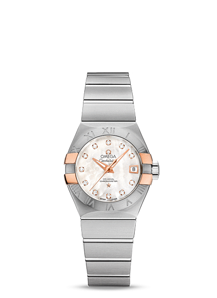 Omega 123.20.27.20.55.004 : Constellation Co-Axial 27 Brushed Stainless Steel / Red Gold Claws / MOP