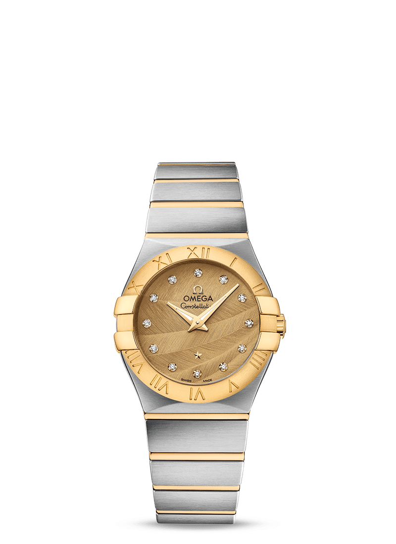 Omega 123.20.27.60.58.003 : Constellation Quartz 27 Brushed Stainless Steel / Yellow Gold / Champagne Feather