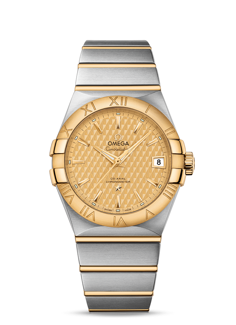 Omega 123.20.38.21.08.002 : Constellation Co-Axial 38 Stainless Steel / Yellow Gold / Champagne Lozenge