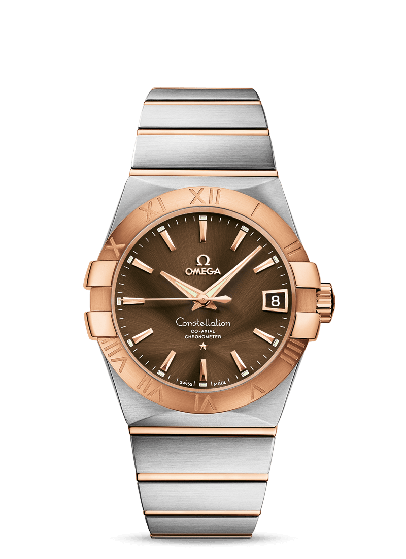 Omega 123.20.38.21.13.001 : Constellation Co-Axial 38 Stainless Steel / Red Gold / Brown