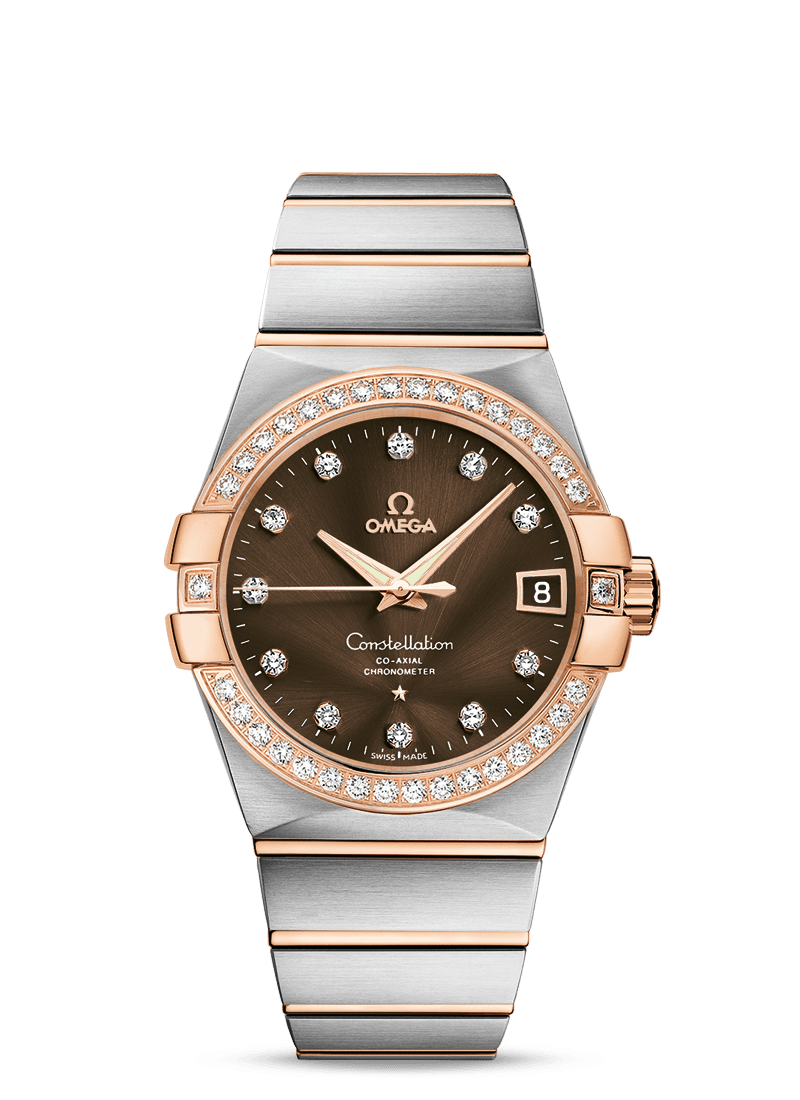 Omega 123.25.38.21.63.001 : Constellation Co-Axial 38 Stainless Steel / Red Gold / Diamond / Brown