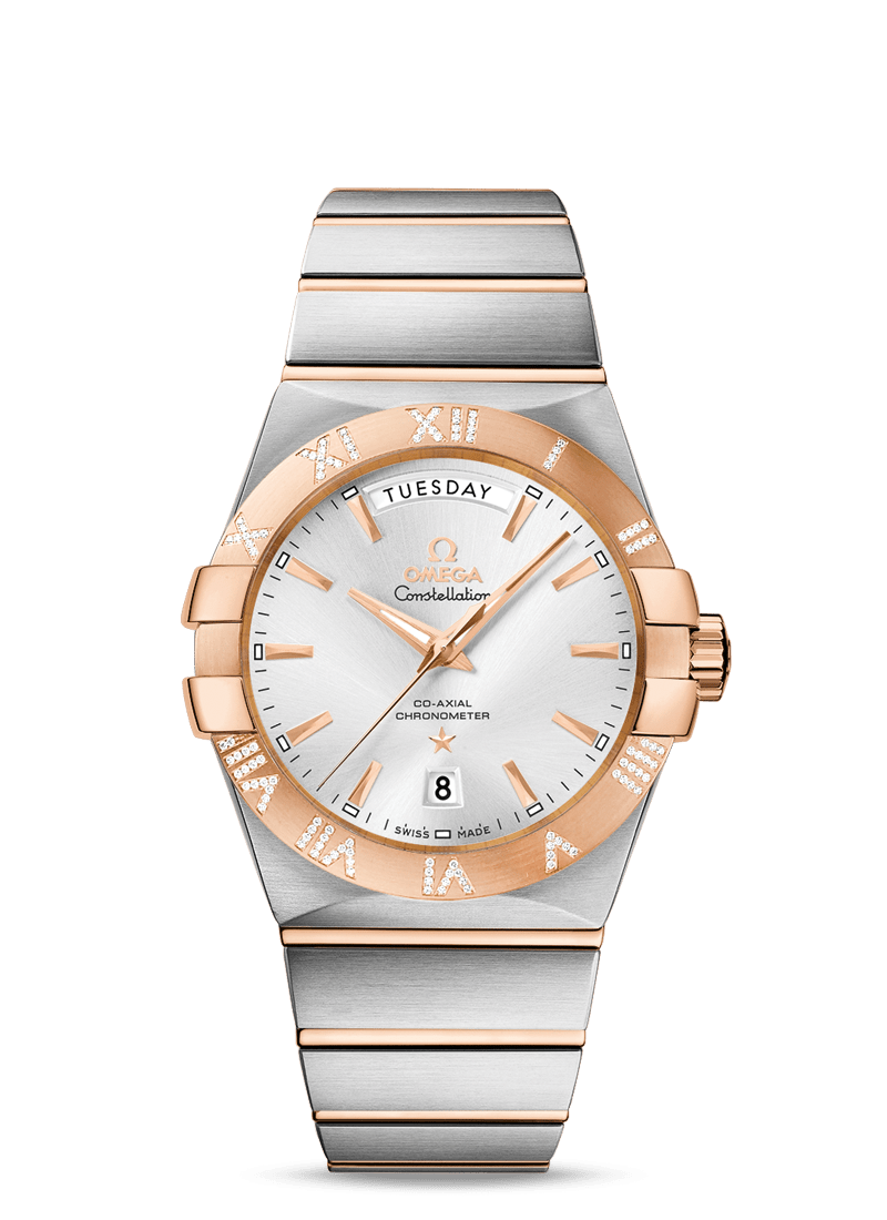 Omega 123.25.38.22.02.001 : Constellation Co-Axial 38 Day-Date Stainless Steel / Red Gold / Diamond / Silver