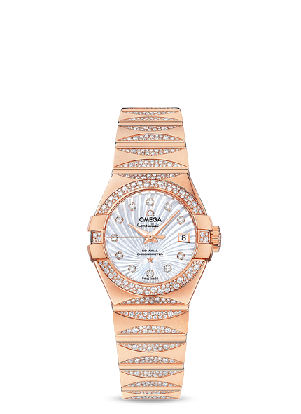 Omega 123.55.27.20.55.003 : Constellation Co-Axial 27 Polished Red Gold / Waxing Moon Snow / MOP Supernova