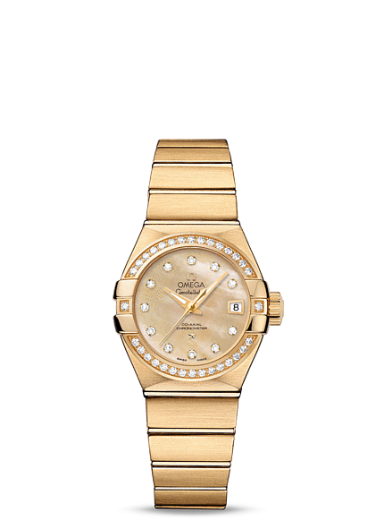 Omega 123.55.27.20.57.002 : Constellation Co-Axial 27 Brushed Yellow Gold Diamond / Champagne MOP