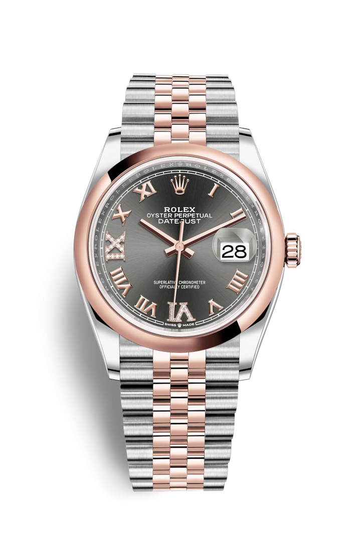 Rolex 126201-0023 : Datejust 36 Stainless Steel / Everose / Smooth / Slate Roman Diamond / Jubilee
