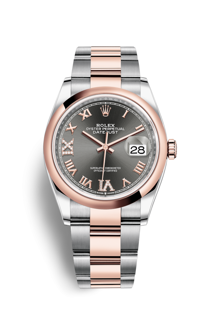 Rolex 126201-0024 : Datejust 36 Stainless Steel / Everose / Smooth / Slate Roman Diamond / Oyster