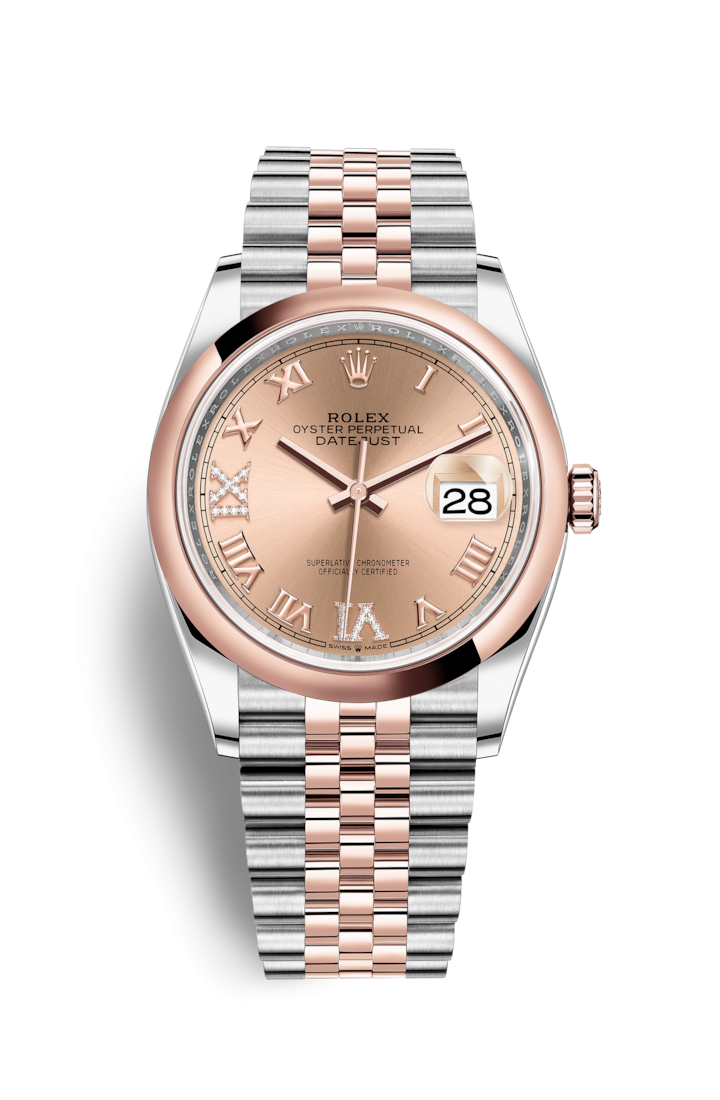 Rolex 126201-0027 : Datejust 36 Stainless Steel / Everose / Smooth / Rose Roman Diamond / Jubilee