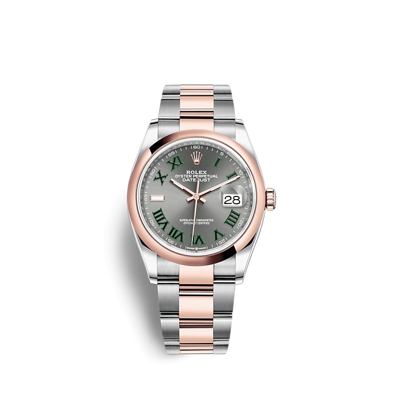 Rolex 126201-0030 : Datejust 36 Stainless Steel / Everose / Domed / Slate - Roman / Oyster