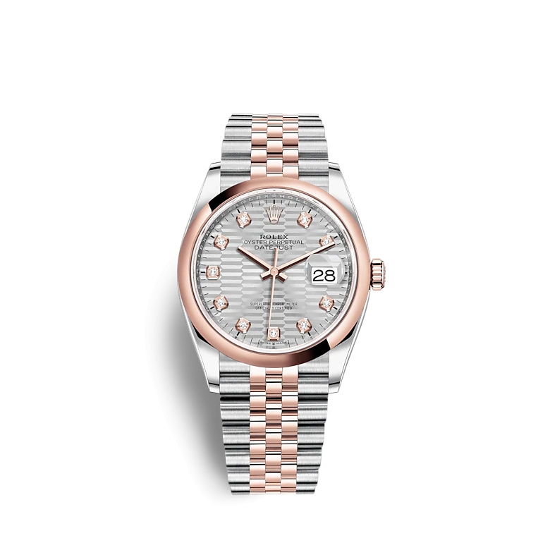 Rolex 126201-0039 : Datejust 36 Stainless Steel / Everose / Domed / Silver - Fluted - Diamond / Jubilee