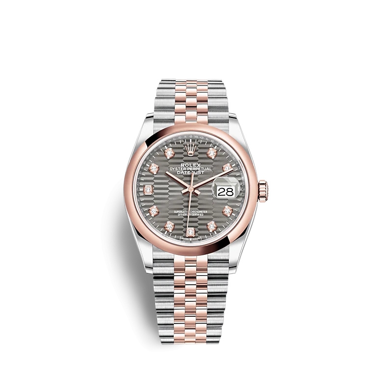 Rolex 126201-0041 : Datejust 36 Stainless Steel / Everose / Domed / Slate - Fluted - Diamond / Jubilee