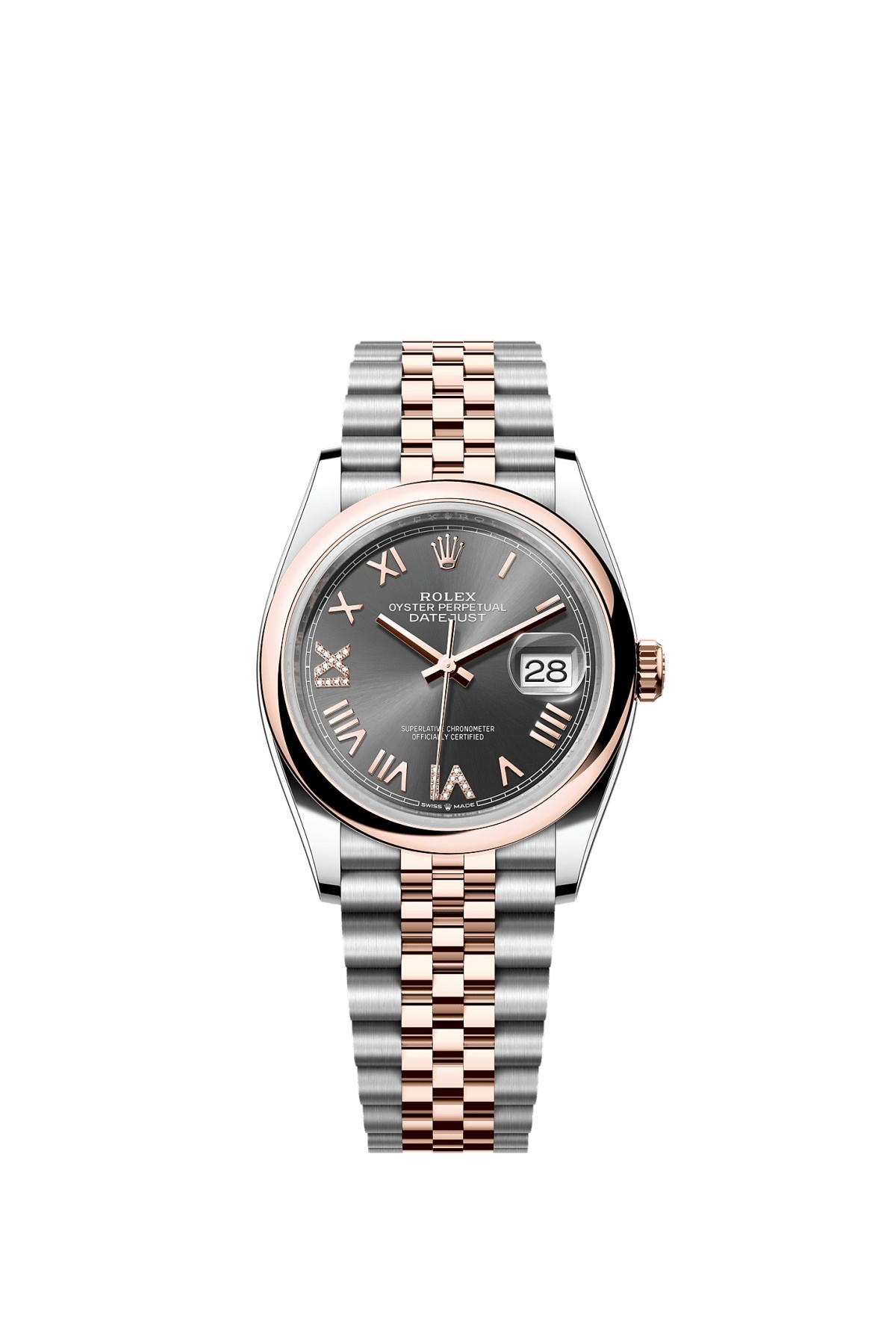 Rolex 126201-0047 : Datejust 36 Stainless Steel - Everose - Smooth / Slate Roman Diamond / Jubilee