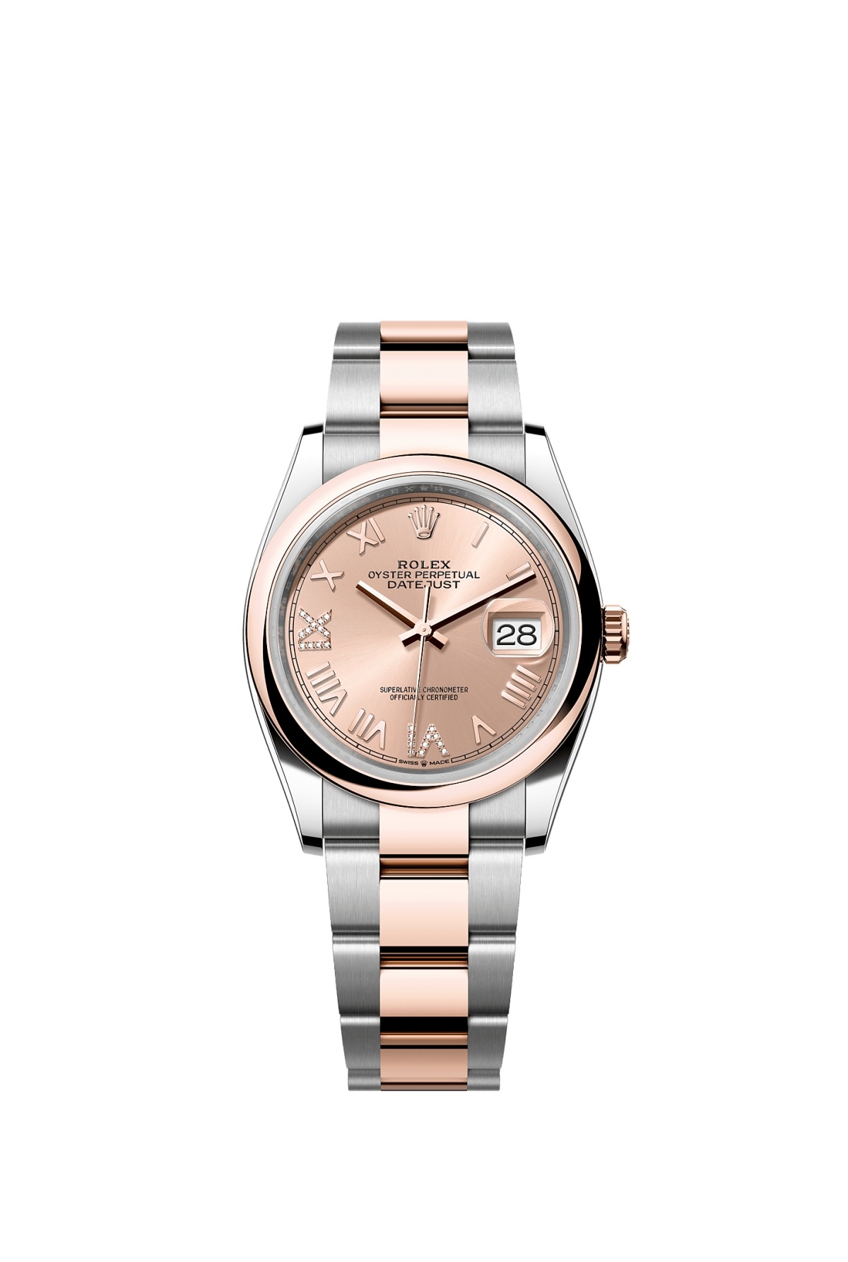 Rolex 126201-0050 : Datejust 36 Stainless Stainless Steel - Everose - Domed / Rose Roman Diamond / Oyster