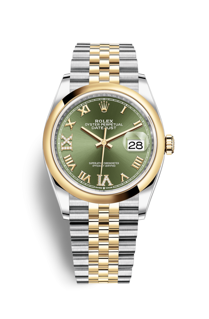 Rolex 126203-0025 : Datejust 36 Stainless Steel / Yellow Gold / Smooth / Olive Green Roman Diamond / Jubilee