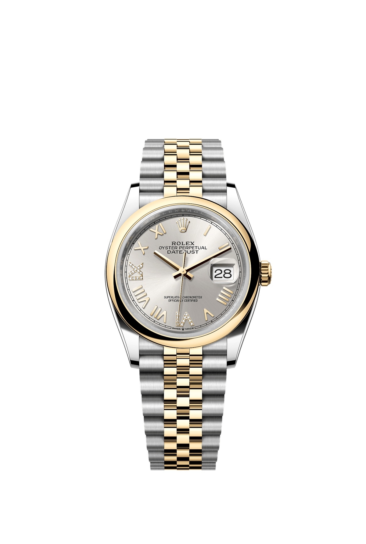Rolex 126203-0051 : Datejust 36 Stainless Steel  - Yellow Gold - Domed / Silver Roman Diamond  / Jubilee