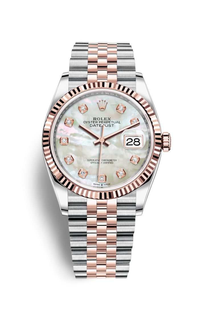 Rolex 126231-0021 : Datejust 36 Stainless Steel / Everose / Fluted / MOP Diamond / Jubilee