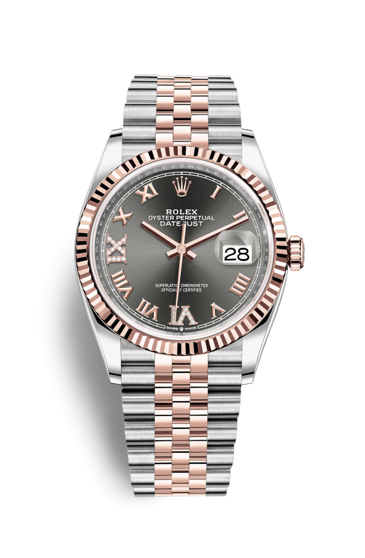 Rolex 126231-0023 : Datejust 36 Stainless Steel / Everose / Fluted / Slate Roman Diamond / Jubilee