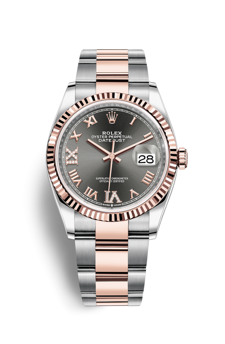 Rolex 126231-0024 : Datejust 36 Stainless Steel / Everose / Fluted / Slate Roman Diamond / Oyster