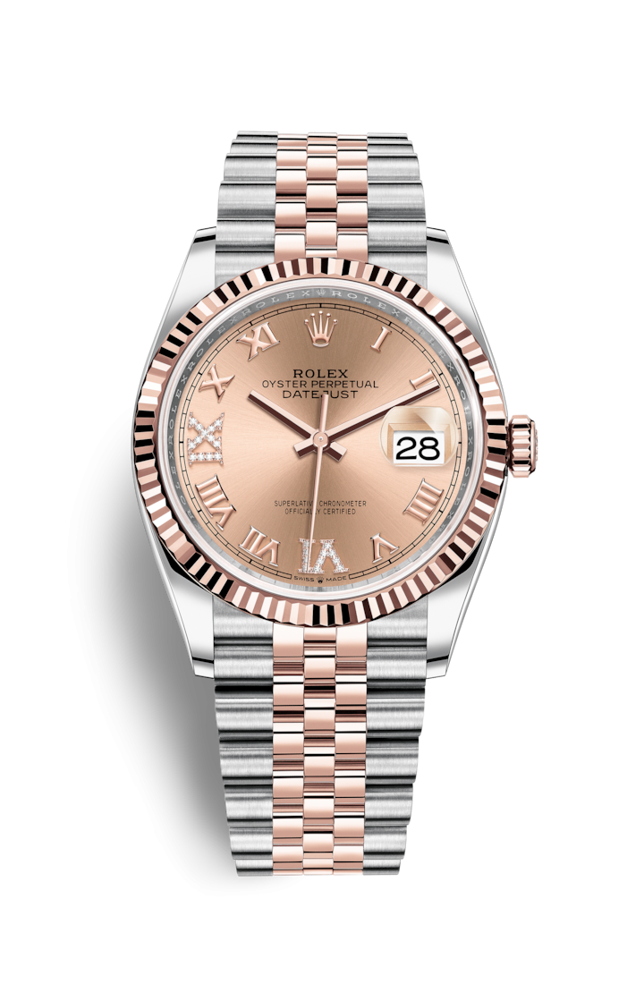 Rolex 126231-0027 : Datejust 36 Stainless Steel / Everose / Fluted / Rose Roman Diamond / Jubilee