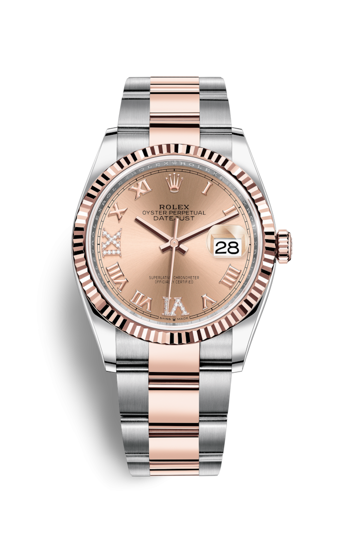 Rolex 126231-0028 : Datejust 36 Stainless Steel / Everose / Fluted / Rose Roman Diamond / Oyster