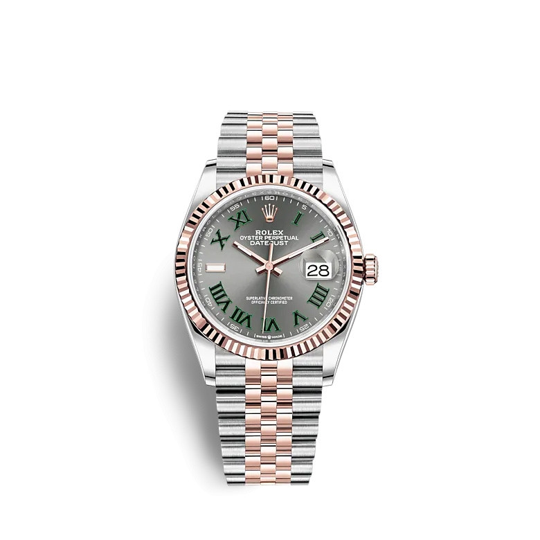 Rolex 126231-0029 : Datejust 36 Stainless Steel / Everose / Fluted / Slate - Roman / Jubilee