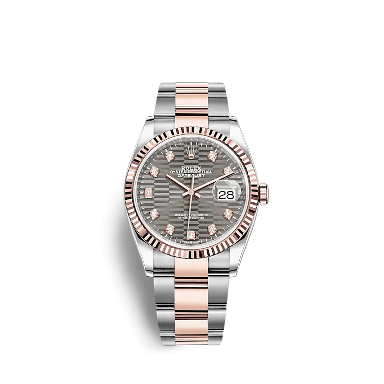 Rolex 126231-0042 : Datejust 36 Stainless Steel / Everose / Fluted / Slate - Fluted - Diamond / Oyster