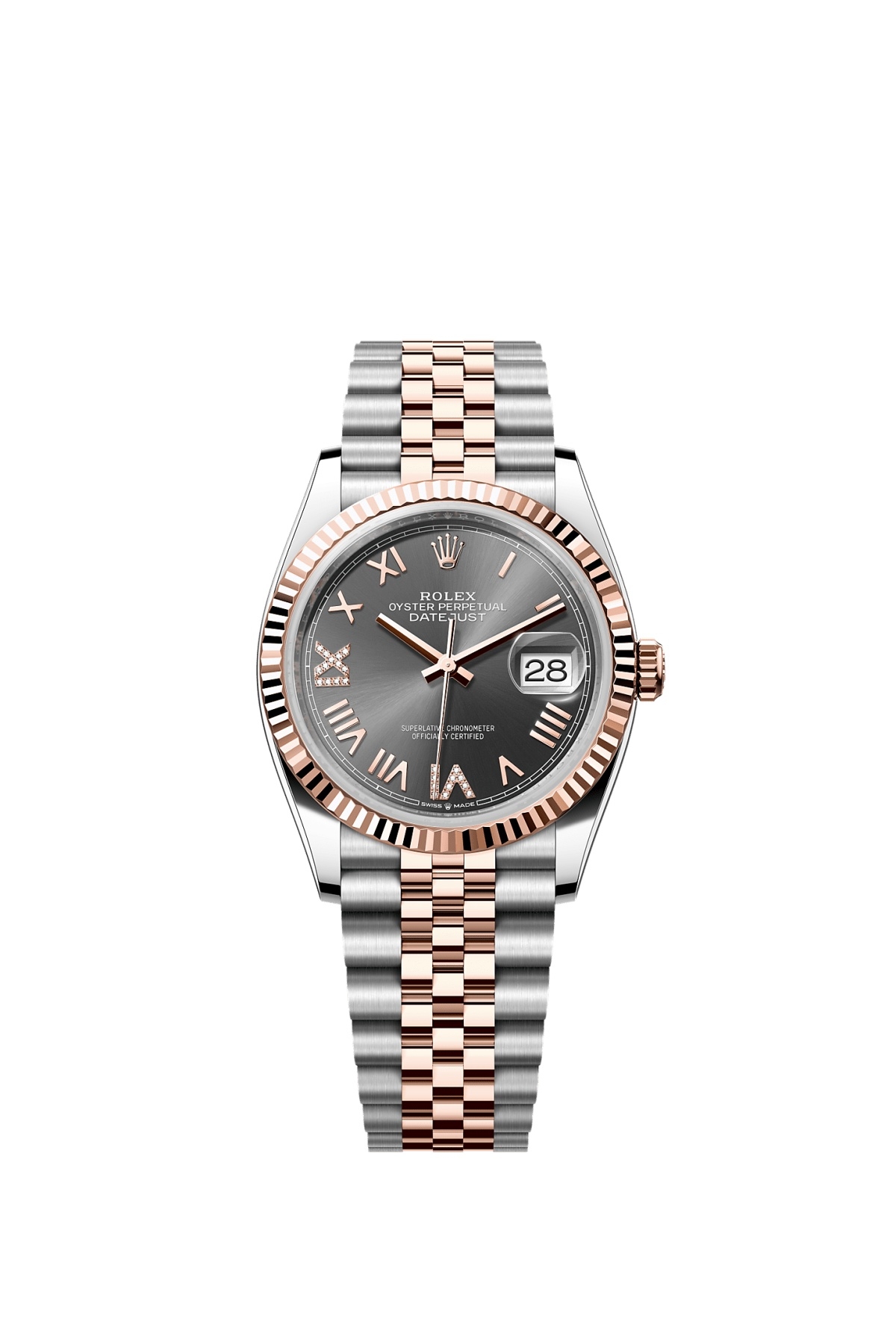 Rolex 126231-0047 : Datejust 36 Stainless Steel - Everose - Fluted / Slate Roman Diamond / Jubilee