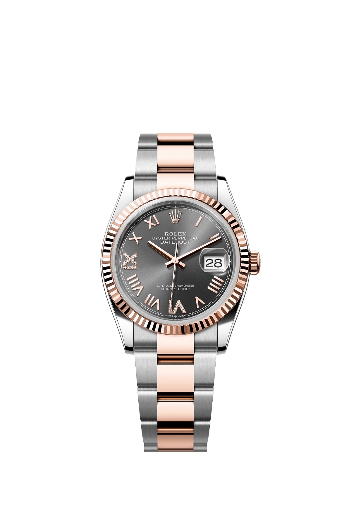 Rolex 126231-0048 : Datejust 36 Stainless Steel - Everose - Fluted / Slate Roman Diamond / Oyster