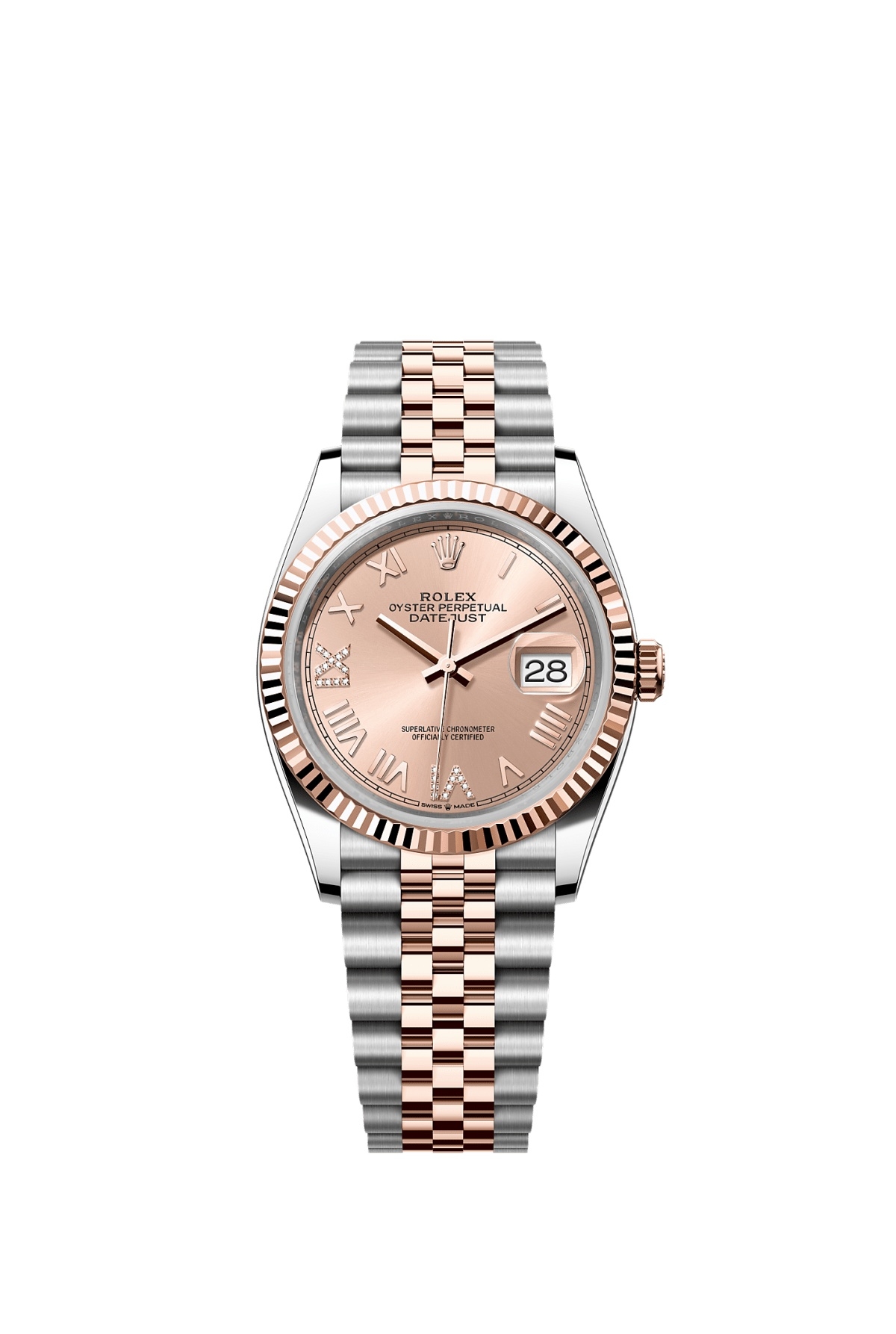 Rolex 126231-0049 : Datejust 36 Stainless Stainless Steel - Everose - Fluted / Rose Roman Diamond / Jubilee