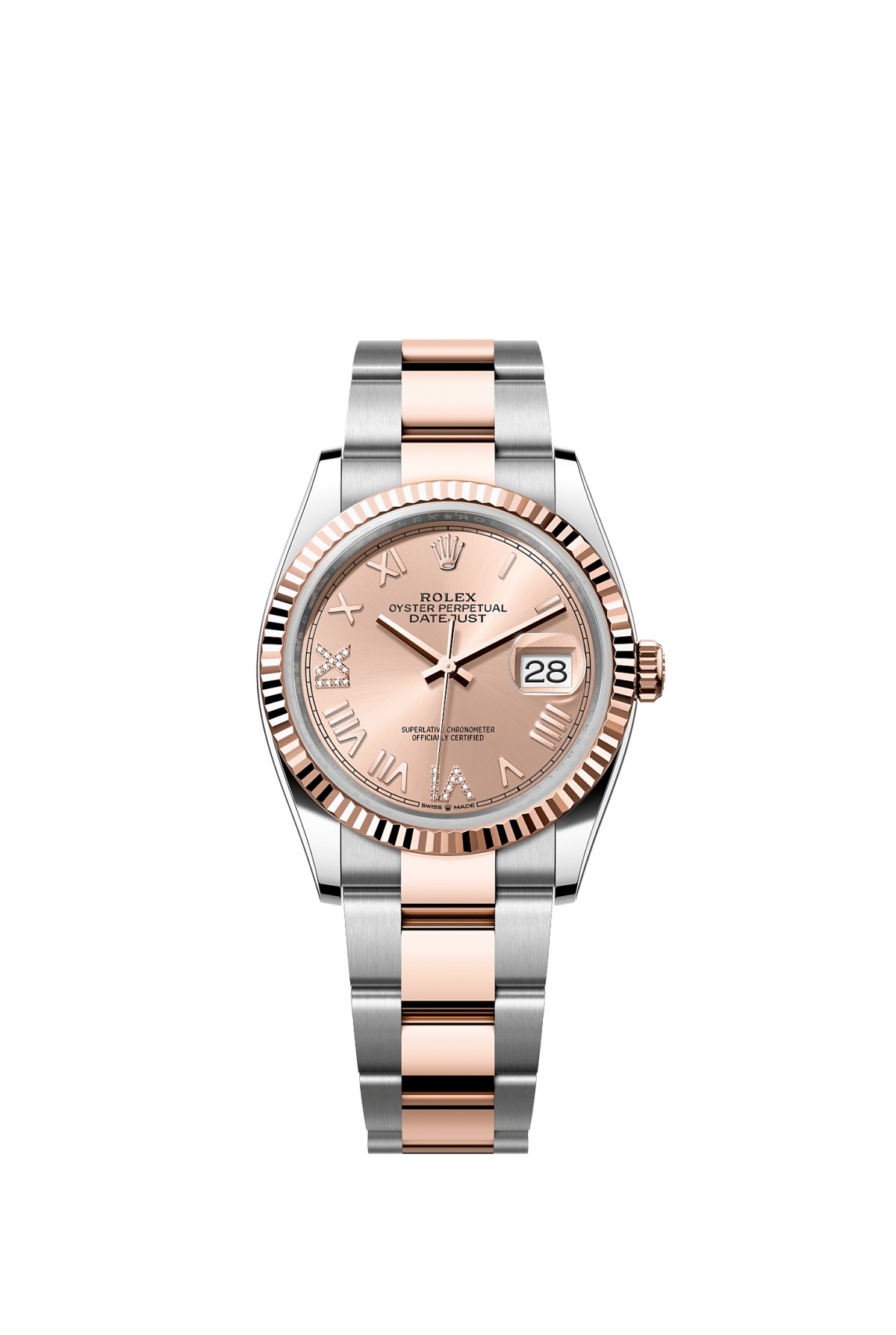 Rolex 126231-0050 : Datejust 36 Stainless Stainless Steel - Everose - Fluted / Rose Roman Diamond / Oyster
