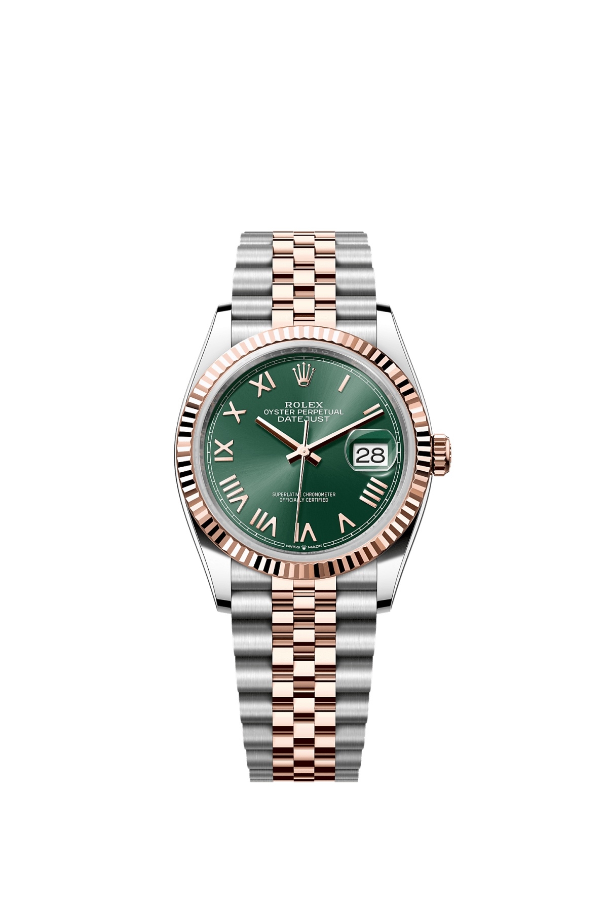 Rolex 126231-0051 : Datejust 36 Stainless Stainless Steel - Everose - Fluted / Mint Green Roman / Jubilee