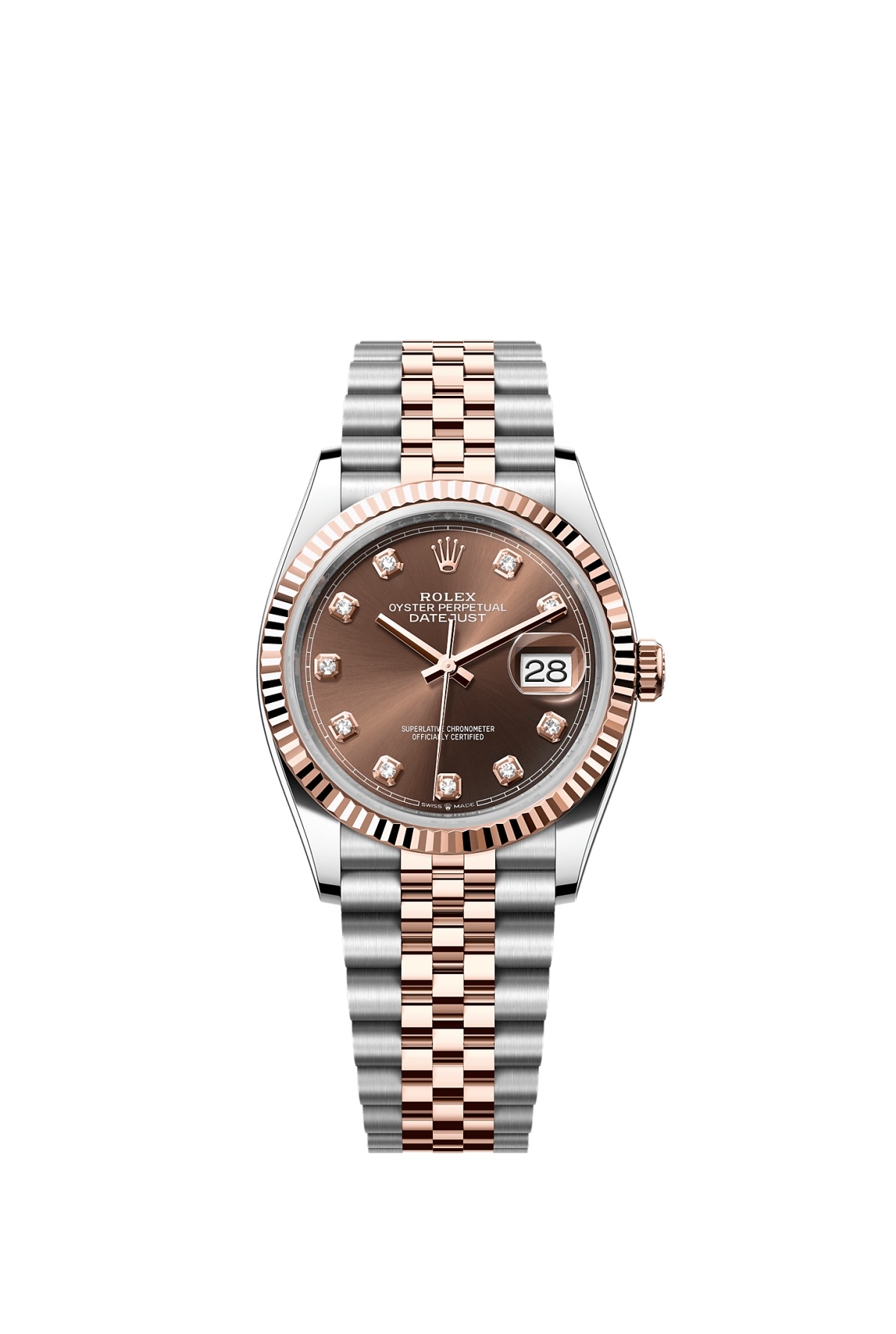 Rolex 126231-0053 : Datejust 36 Stainless Steel - Everose - Fluted / Chocolate - Diamond / Jubilee