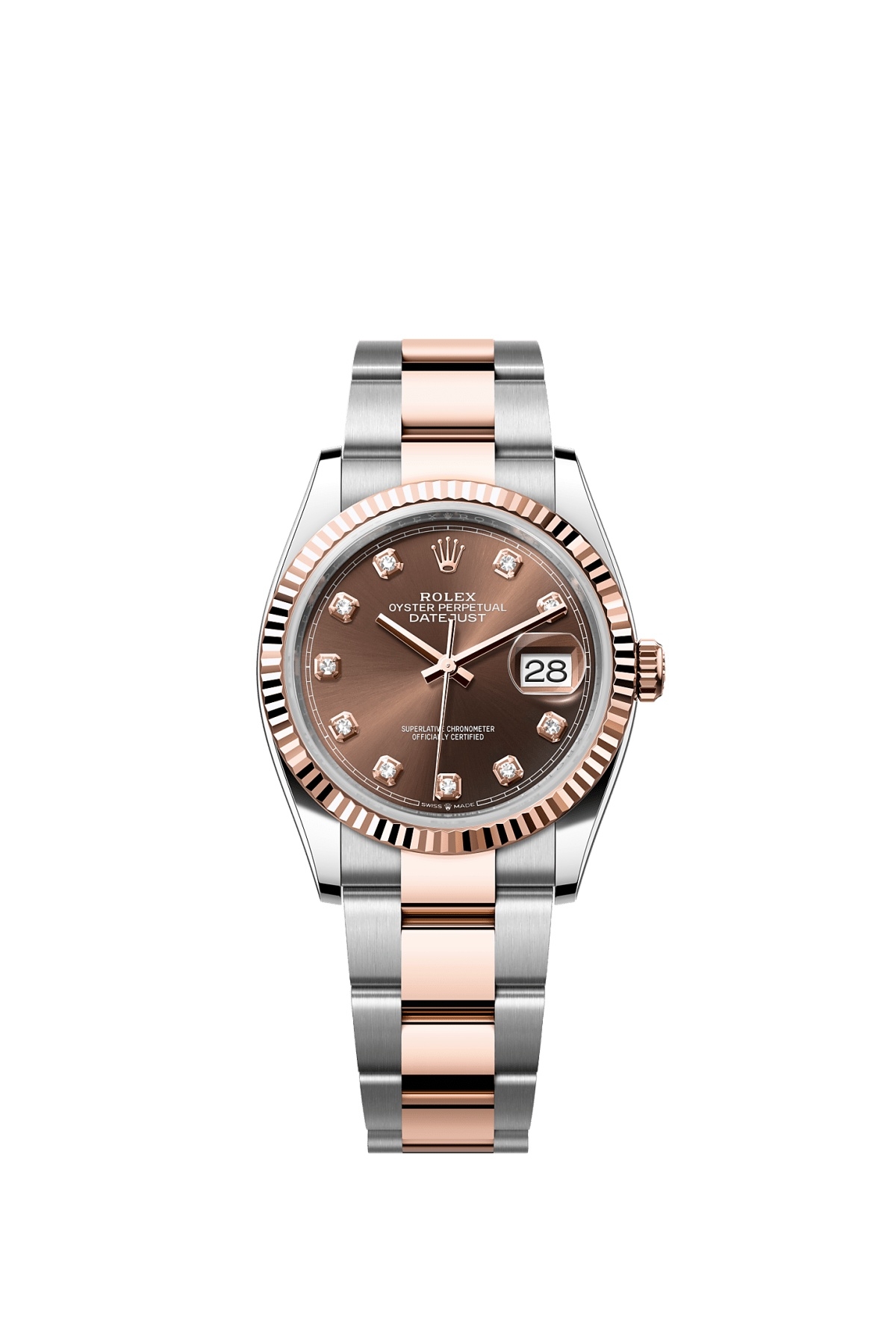 Rolex 126231-0054 : Datejust 36 Stainless Steel - Everose - Fluted / Chocolate - Diamond / Oyster