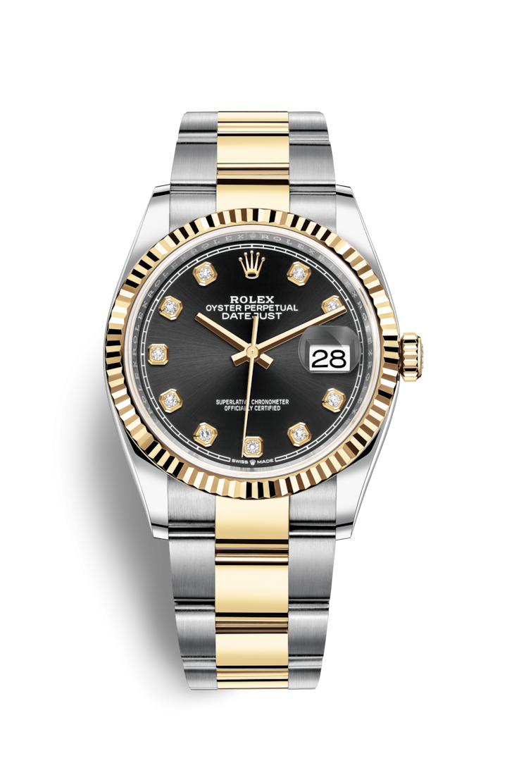 Rolex 126233-0022 : Datejust 36 Stainless Steel / Yellow Gold / Fluted / Black Diamond / Oyster