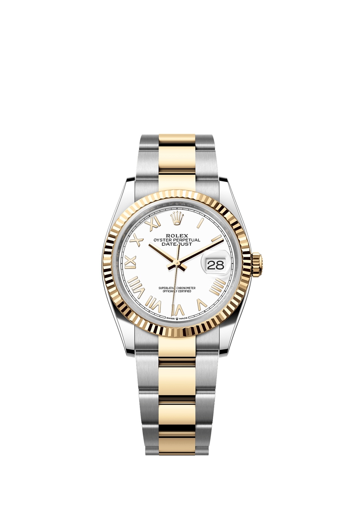 Rolex 126233-0048 : Datejust 36 Stainless Steel - Yellow Gold - Fluted / White Roman / Oyster