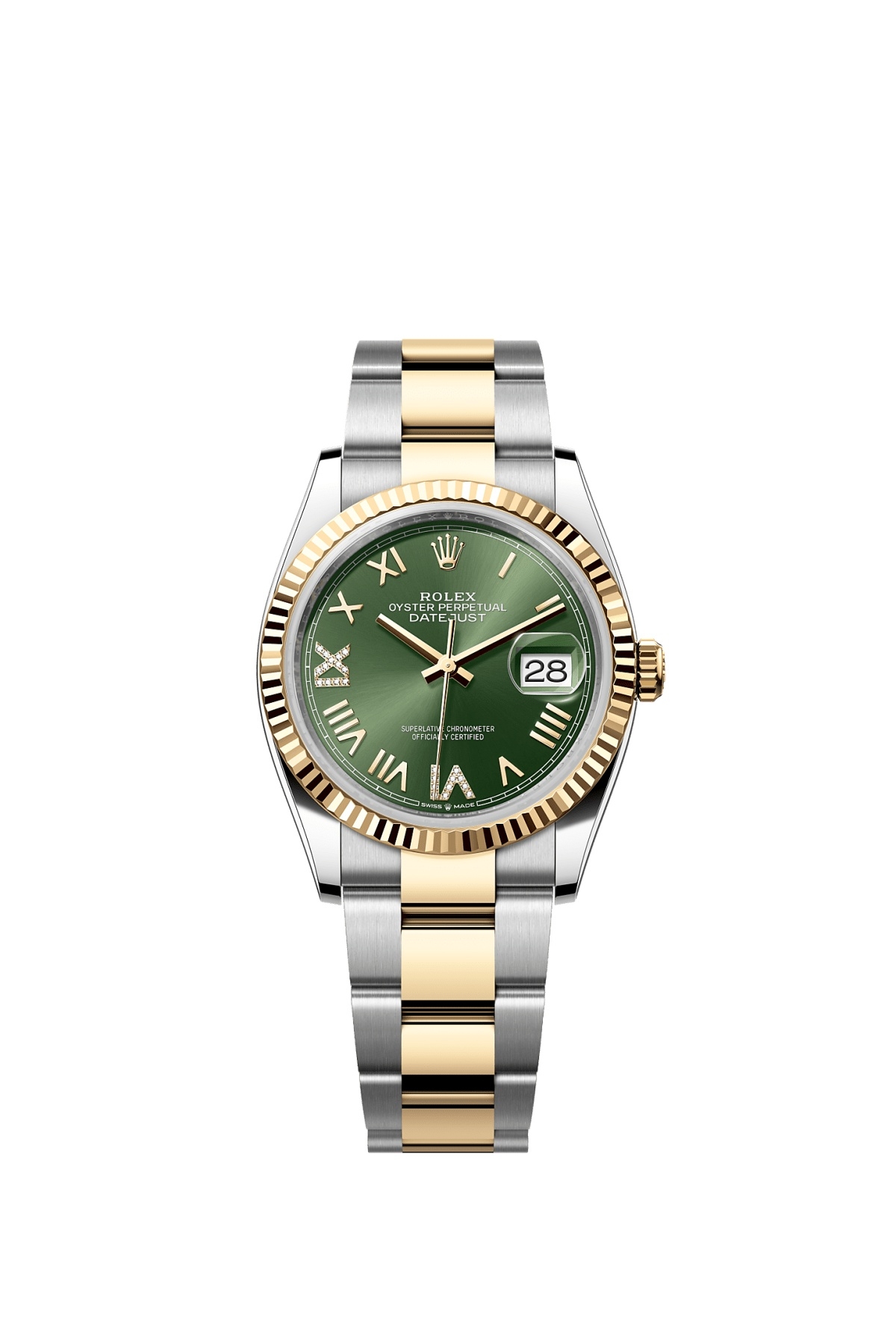 Rolex 126233-0050 : Datejust 36 Stainless Steel  - Yellow Gold - Fluted / Olive Roman Diamond  / Oyster