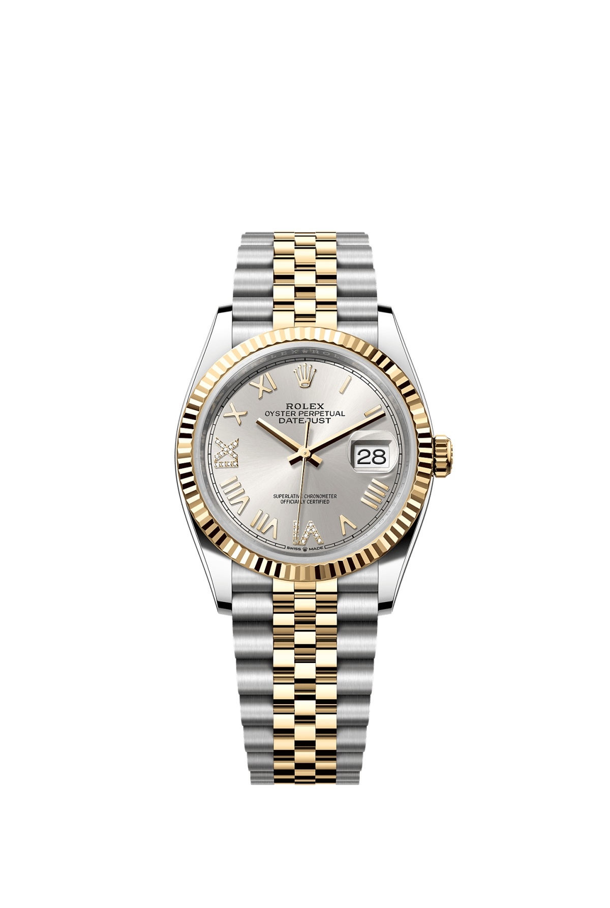Rolex 126233-0051 : Datejust 36 Stainless Steel  - Yellow Gold - Fluted / Silver Roman Diamond  / Jubilee