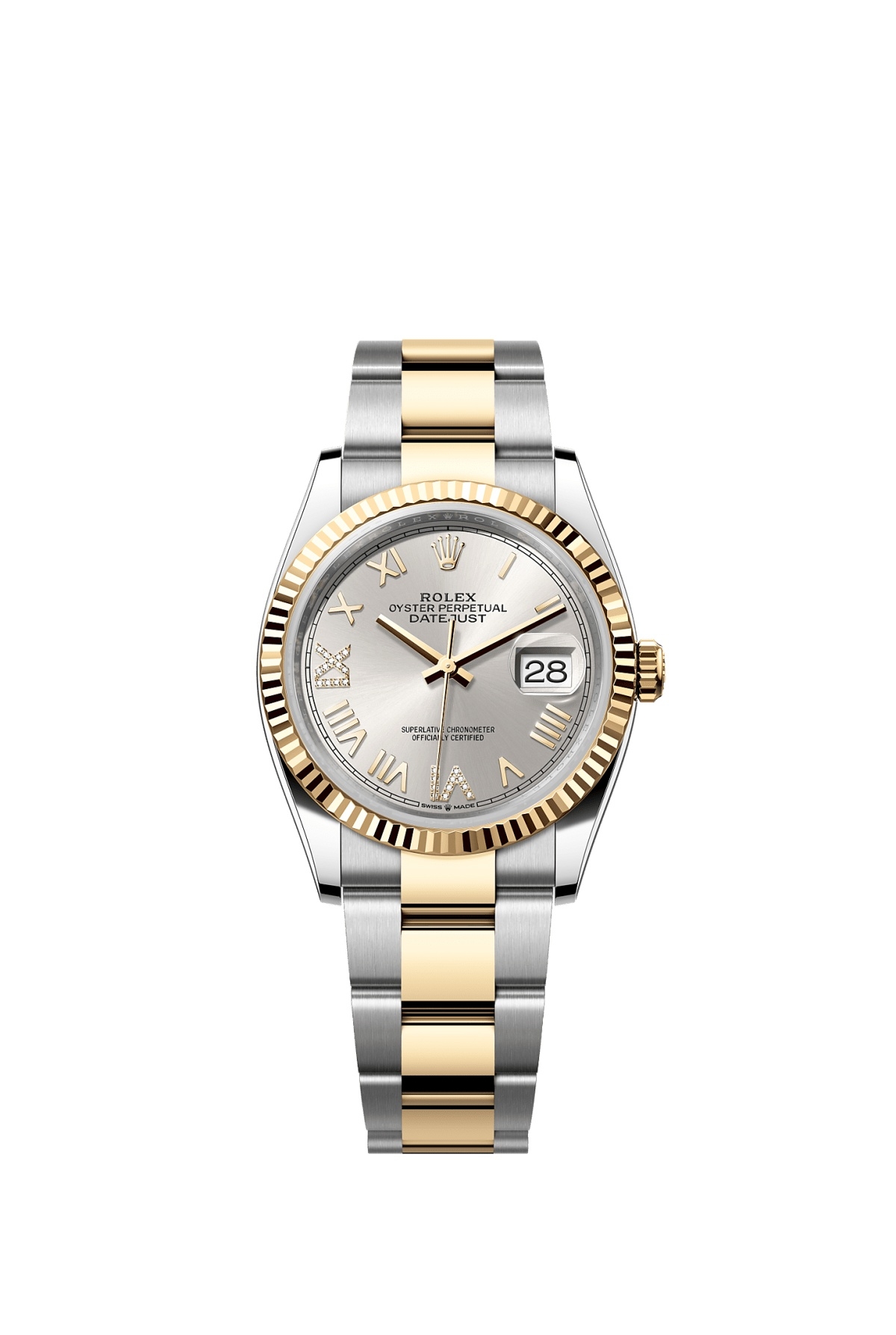 Rolex 126233-0052 : Datejust 36 Stainless Steel  - Yellow Gold - Fluted / Silver Roman Diamond  / Oyster